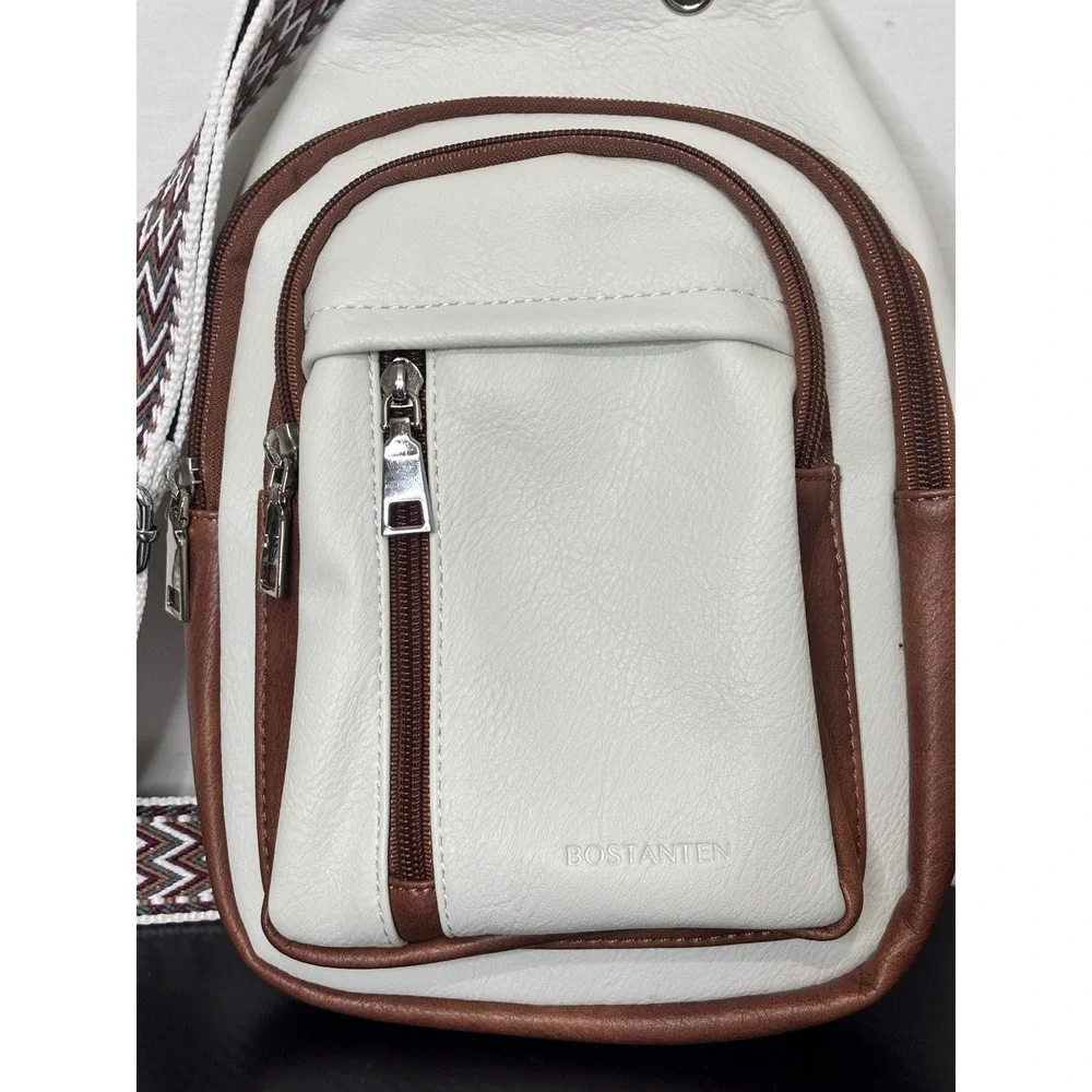 Women's Crossbody Purse White Brown Vegan Leather Bag Chevron Guitar Strap